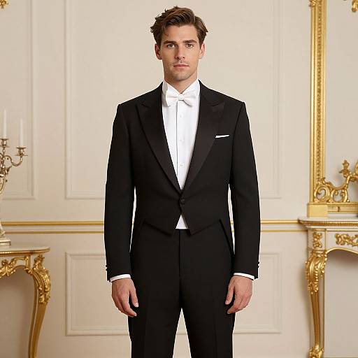 Photograph of a handsome young man in a black tuxedo with a white shirt and bow tie, standing in an elegant, ornate room with