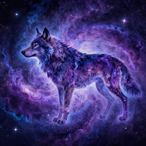 Digital artwork of a glowing, ethereal wolf with vibrant blue, purple, and pink cosmic fur against a starry space background.