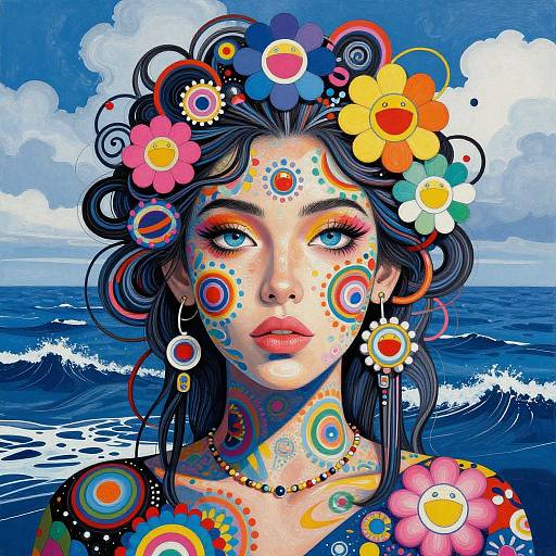 Abstract Floral Woman in Ocean Landscape