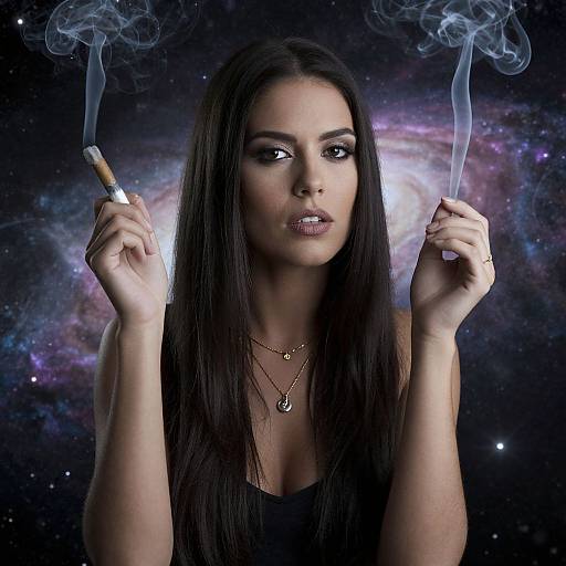 Photograph of a long-haired brunette woman with smoky eyes, holding lit cigarettes in both hands, against a galaxy backdrop.