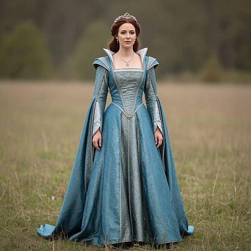 Photograph of a fair-skinned woman with brown hair, wearing a blue medieval-style gown with silver accents, white collar, and tiara, standing
