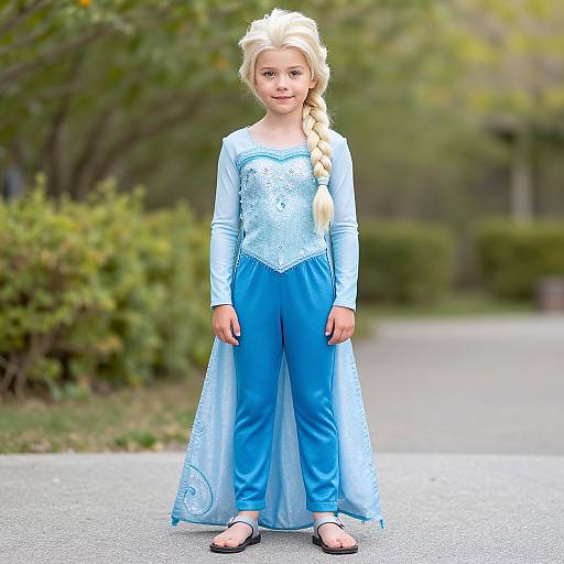 Photograph of a young blonde girl with a braid, wearing a blue Elsa costume, standing outdoors on a sidewalk, wearing black flip-flops.