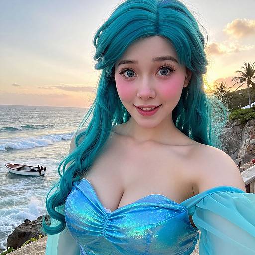 Photograph of a young woman with teal hair, large eyes, and pink blush, wearing a blue, strapless, sparkly mermaid dress,