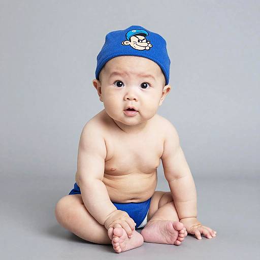 Asian Baby Sitting with Blue Popeye Hat