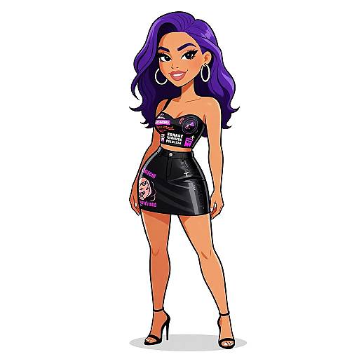 Digital cartoon of a confident woman with purple hair, wearing a black sequin strapless top and matching leather mini skirt, large hoop earrings, and high