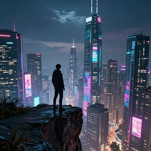 Silhouetted figure stands on rocky ledge, gazing at neon-lit, futuristic cityscape with towering skyscrapers and vibrant, colorful lights