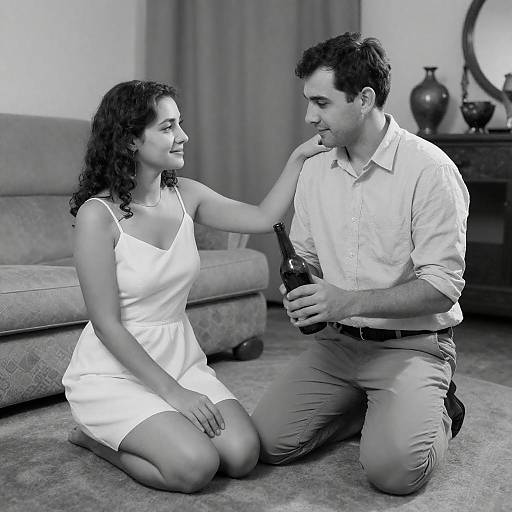 Couple in Living Room with Bottle