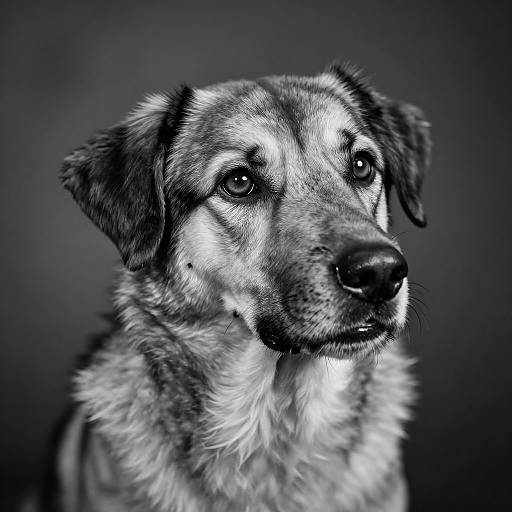 Black-and-white photograph of a medium-sized, furry dog with expressive eyes, slightly tilted head, and soft fur texture against a dark, blurred background.