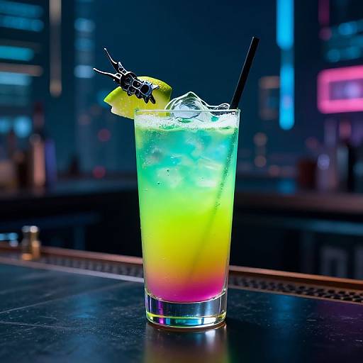 Photograph of a neon-colored gradient cocktail with ice, black straw, lemon slice, and blackberry garnish on a dark bar counter. Blurred