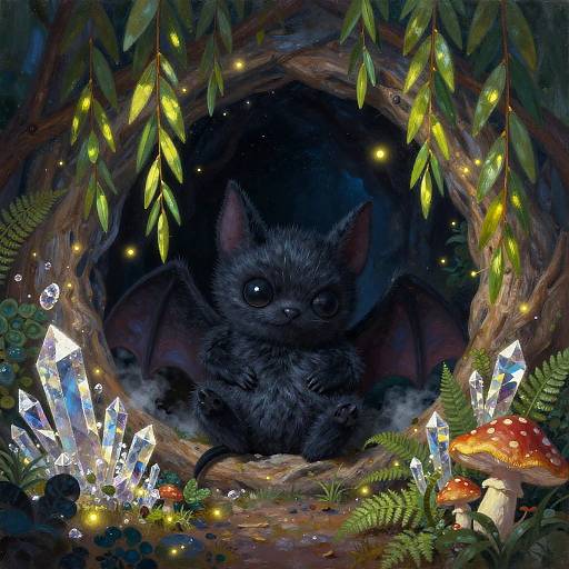 Digital fantasy artwork of a cute, dark-furred bat with large eyes, nestled in a glowing, crystal-encrusted, enchanted forest cave.