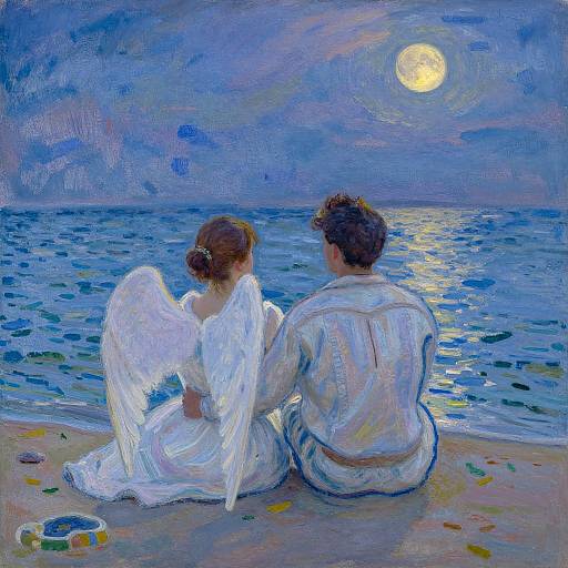 Impressionist painting of a man and angelic woman with white wings sitting on a moonlit beach, gazing at the sea.