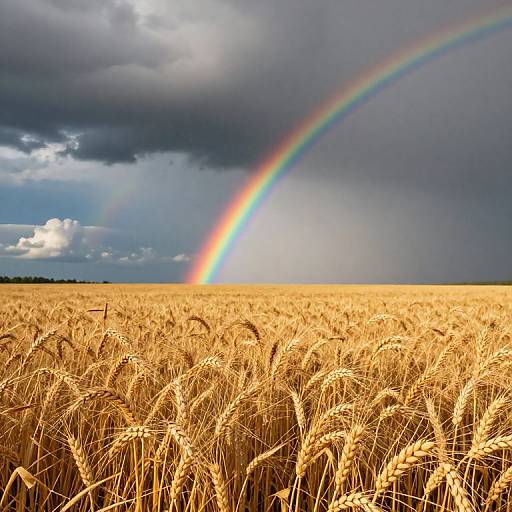 Photograph of a golden wheat field under dramatic, stormy clouds with a vibrant rainbow arcing across the sky.