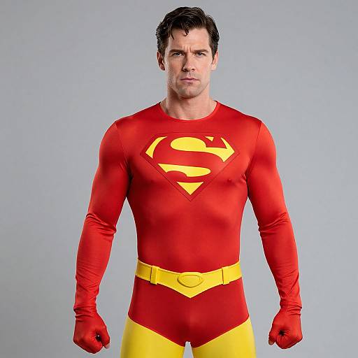 Photograph of a muscular man with short, dark hair, wearing a red Superman costume with yellow trims, gloves, and belt, standing against a