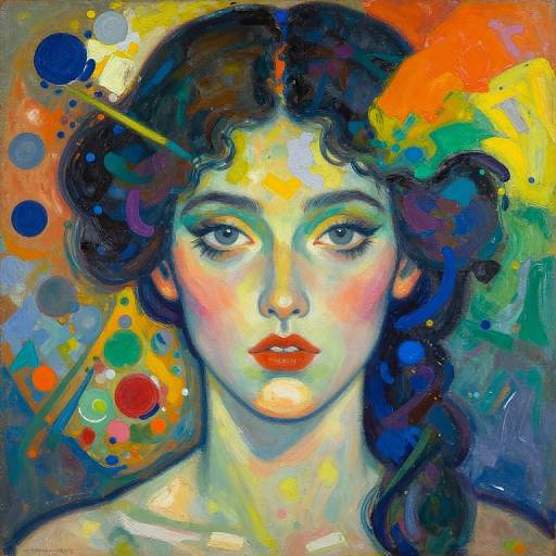 Vibrant, abstract painting of a woman with large eyes, red lips, and dark curly hair, surrounded by colorful splashes and dots.