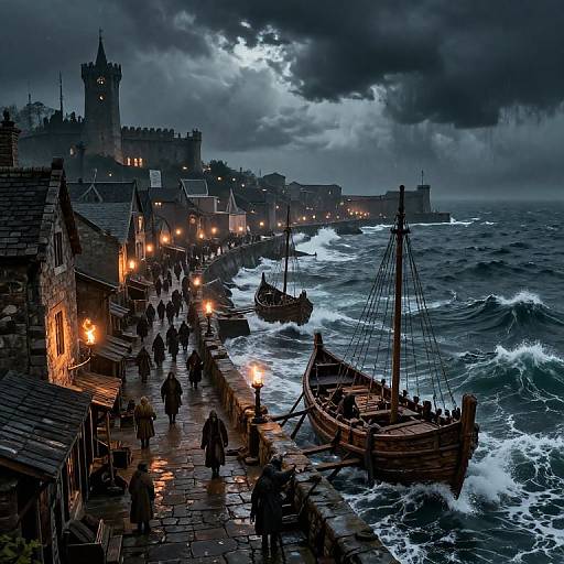 Digital painting of a stormy coastal village with medieval stone buildings, illuminated by warm street lamps, people walking on a wet, reflective street, and wooden