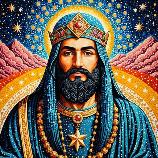 Pointillism Portrait of Cyrus the Great with Cosmic Elements