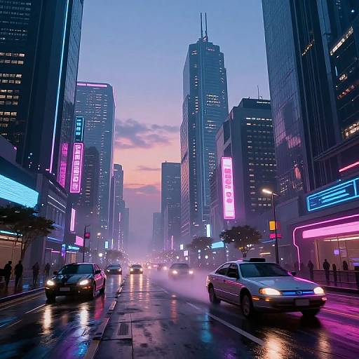 Neon-lit, cyberpunk city street at dusk with glowing skyscrapers, wet pavement reflecting lights, and cars driving through a misty,
