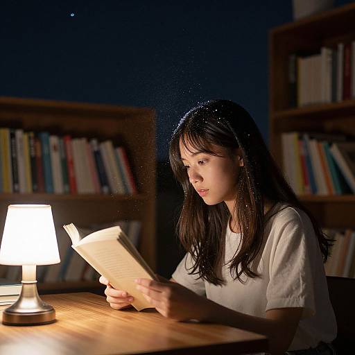 Photograph of an Asian woman with long black hair, wearing a white shirt, reading a book under a lit lamp in a dimly lit library.