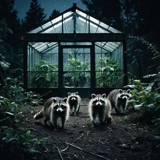 Raccoons at Night Near Greenhouse
