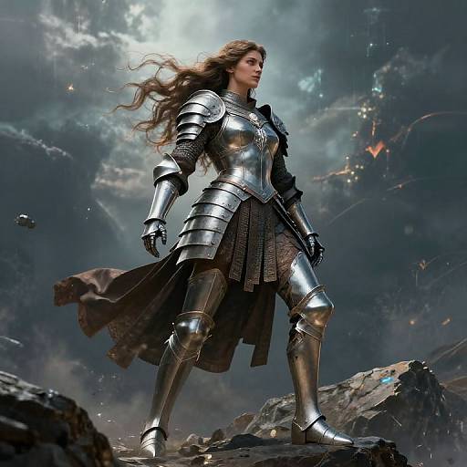 Digital artwork of a fierce, long-haired woman in silver armor with a flowing dark cloak, standing on rocky terrain under a stormy, cosmic sky.
