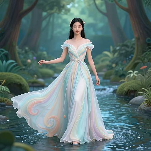Graceful Woman in Mystical Forest Stream