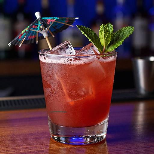 Red Cocktail with Mint and Umbrella Garnish