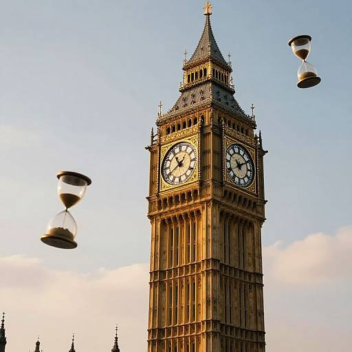 Photograph of Big Ben clock tower with two floating hourglasses against a blue sky, sunlight highlighting the tower's detailed architecture.