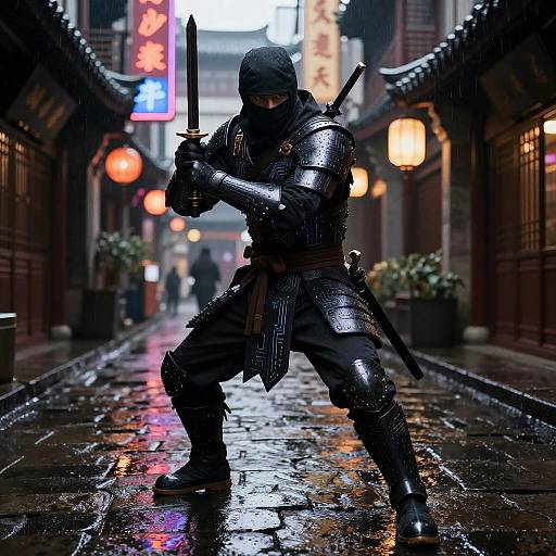 Photograph of a masked, armored ninja wielding a sword on a wet, neon-lit, narrow alleyway with traditional Asian buildings.
