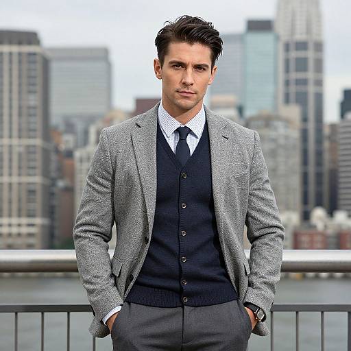 Photograph of a handsome Caucasian man with dark hair, in a gray tweed blazer, navy sweater, white shirt, and tie, standing on