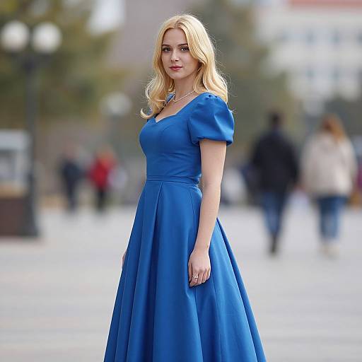 Photograph of a blonde woman with wavy hair in a blue, V-neck, short-sleeved, full-skirted dress, standing in