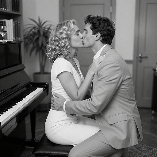 Intimate Office Kiss in Black and White