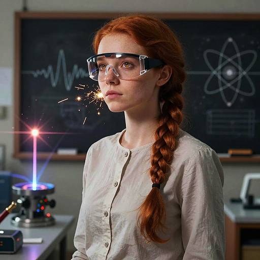 Photograph of a red-haired woman in a white shirt, wearing transparent safety goggles, with a sparkler emitting light, in a science lab with a
