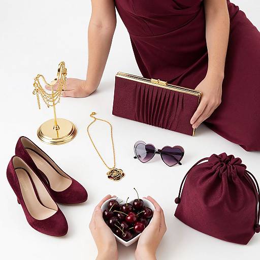 Photograph of a woman in a burgundy dress, showcasing matching burgundy clutch, shoes, sunglasses, gold necklace, and holding cherries with a