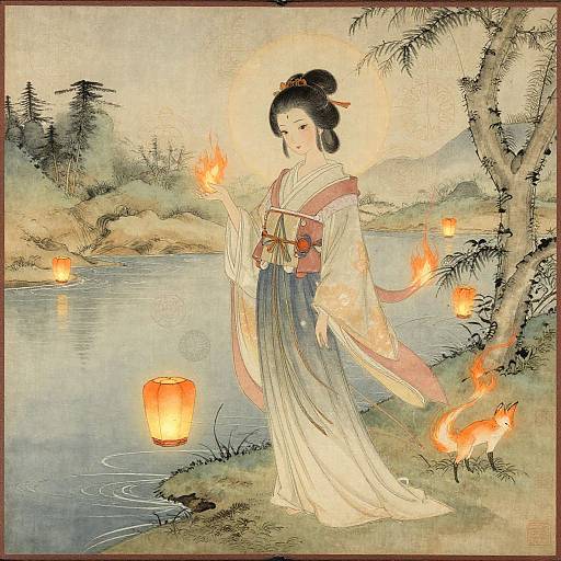 Kitsunee Ancient Scroll River Scene