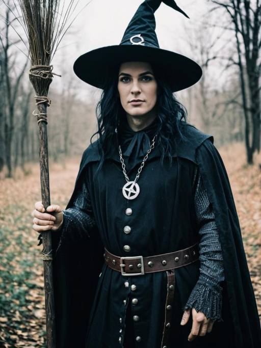 Man in Modern Witch Costume Holding Broomstick