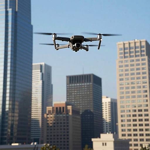 Drone Flying Over Urban Skyline