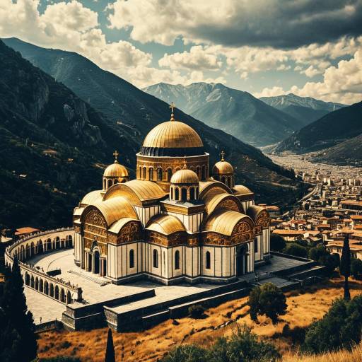 Byzantine Basilica with Golden Domes in Mountain Valley