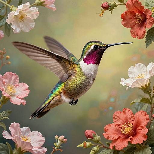Photograph of a vibrant hummingbird with iridescent green and purple feathers, hovering among pink and red flowers with a blurred green and yellow background.