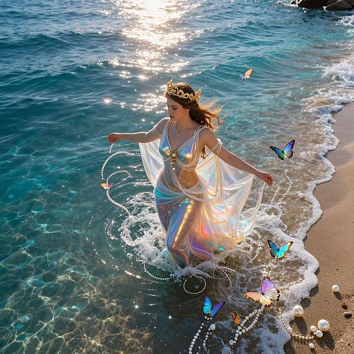 Photograph of a fair-skinned woman with long brown hair, wearing a shimmering, iridescent dress, tiara, and beaded necklace