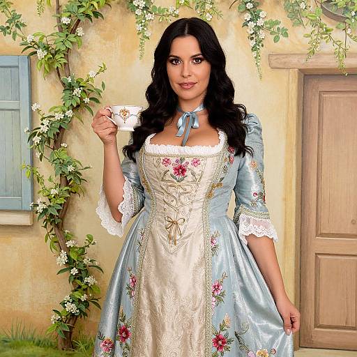 Digital painting of a beautiful woman with long black hair, wearing an ornate blue and white floral dress, standing in a sunlit, vine-covered courtyard