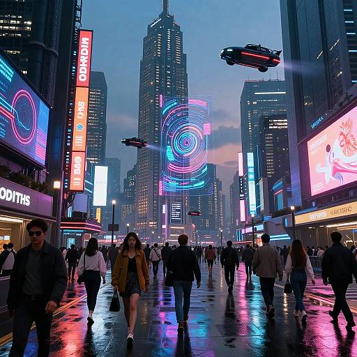 Neon-lit futuristic city street at dusk, crowded with pedestrians. Brightly colored digital billboards, hovering drones, and wet reflective pavement. Tall