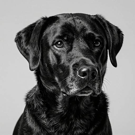 Photograph of a black Labrador Retriever with glossy fur, dark eyes, and a slightly tilted head against a white background.