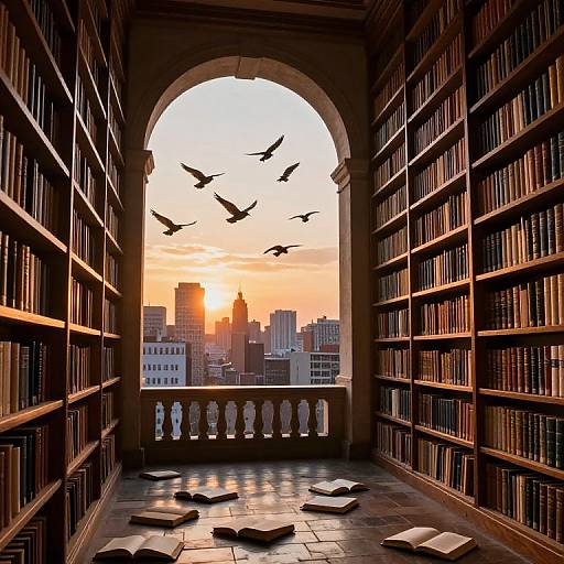 Photograph of a sunlit, arched library window with flying birds, cityscape view, and scattered open books on stone floor.