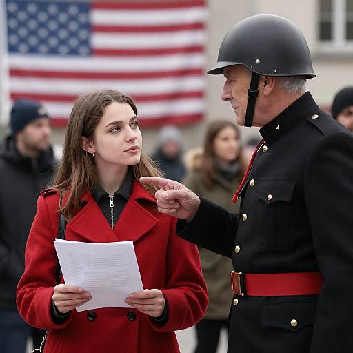 Young Woman in Red Coat with Veteran