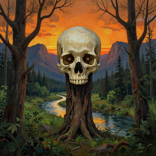 Digital artwork of a large skull with glowing eyes, rooted in a forest, with a winding river and orange sunset mountains in the background.