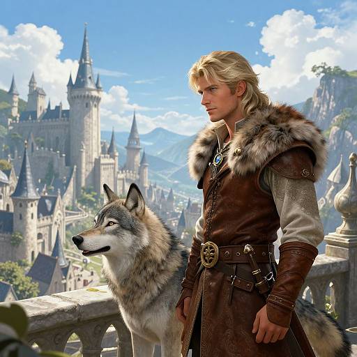 CGI fantasy scene of a blonde, muscular man in fur-trimmed medieval armor standing beside a gray wolf, with a grand castle cityscape in