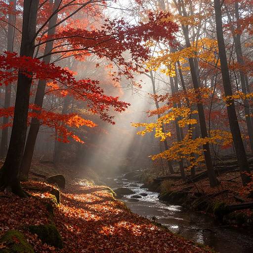 Autumn Forest with Mist and Stream
