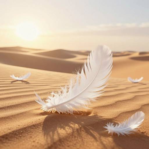 Photograph of a single white feather gently resting on golden desert sand, with sunlight casting long shadows and additional feathers scattered in the background.
