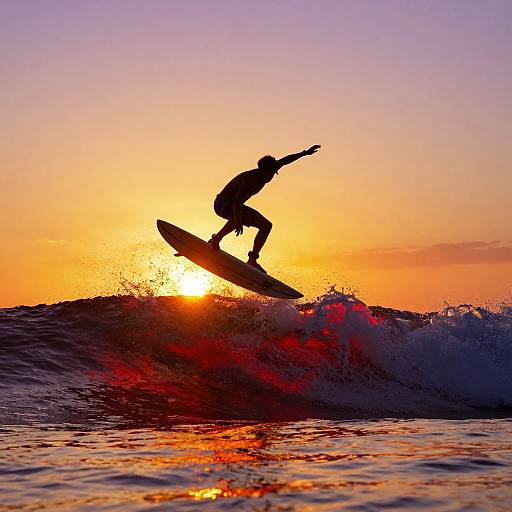 Silhouetted surfer riding a wave at sunset, with vibrant orange and purple sky, and sun reflecting off the water's surface.