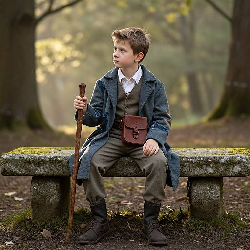 Photograph of a young boy with light brown hair, wearing a blue coat, brown vest, and gray pants, sitting on a mossy bench in